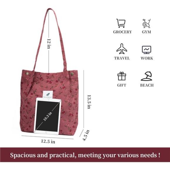 Cute Corduroy Tote Bag Canvas Shoulder Handbag for Women Travel Shopping Work - Picture 6 of 7